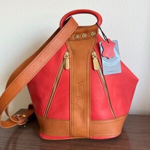 VALENTINA Italian Leather Convertible Backpack Shoulder Bag Made In Italy Red